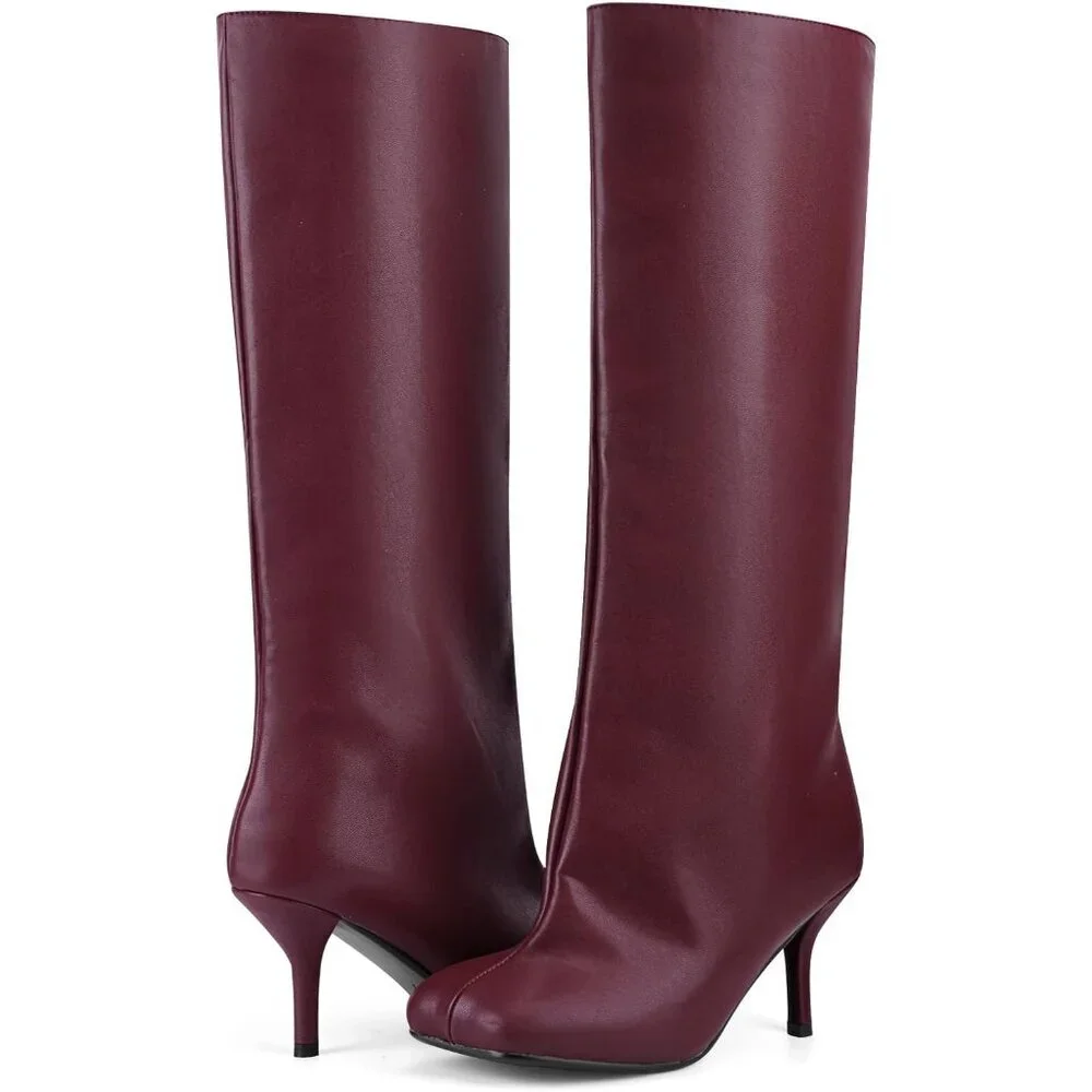 Women's Burgundy Pu Wide Calf Square Toe Stiletto Heels Knee High Suede Boots